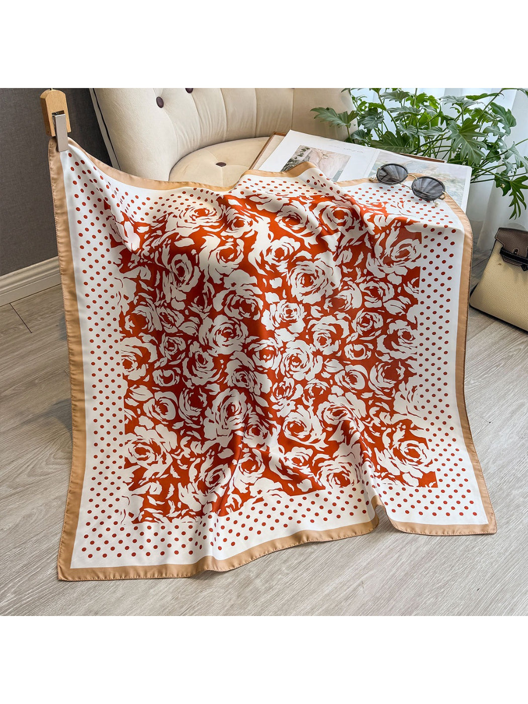 Scarvii - Rose Floral Polka Dot Square Scarf