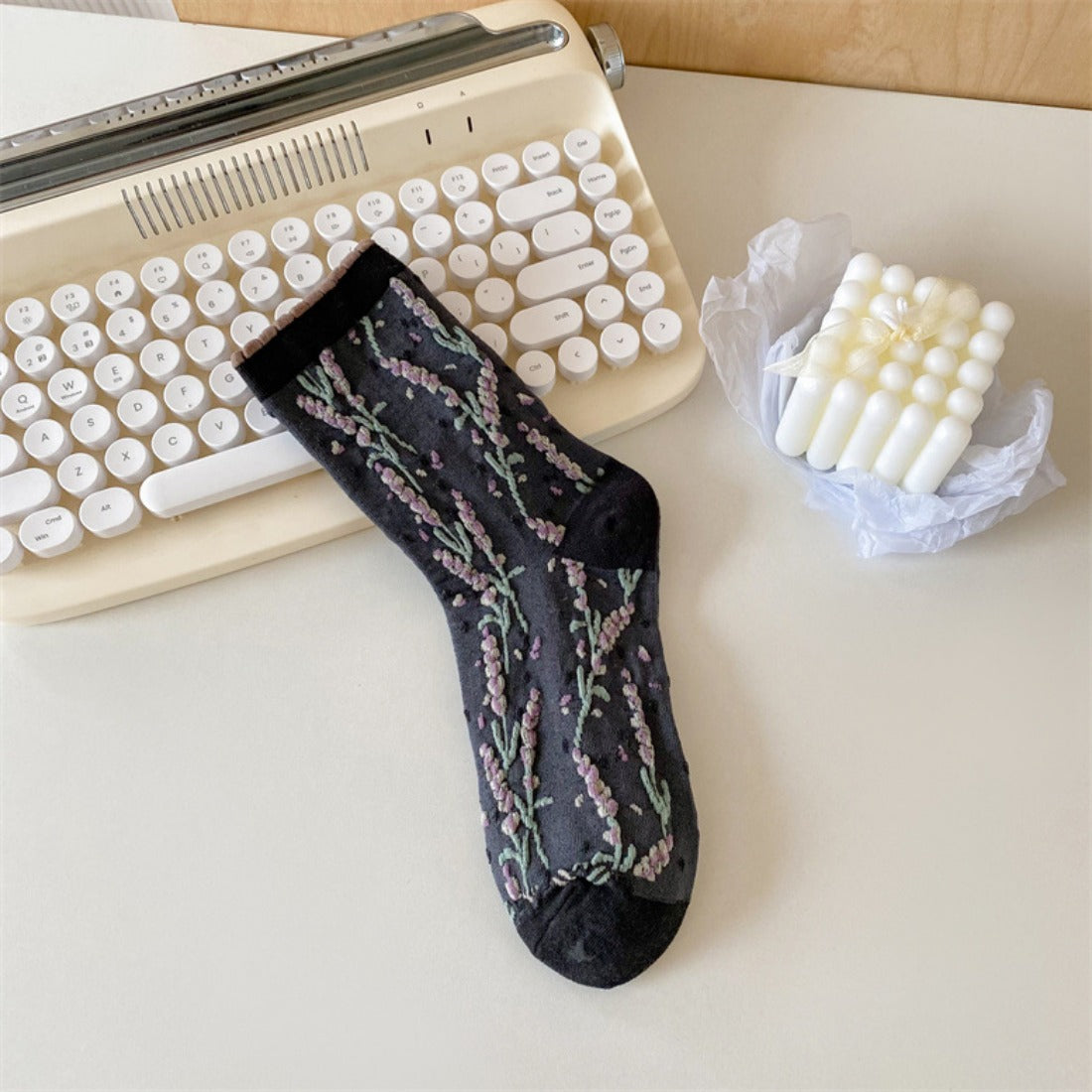 Rufia - Embossed Lavender Floral Mid-Calf Socks