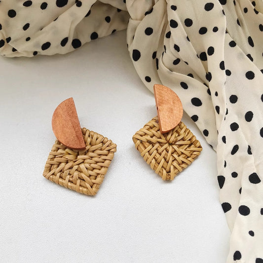 Earwish - Square Rattan Earrings with Wood Accent