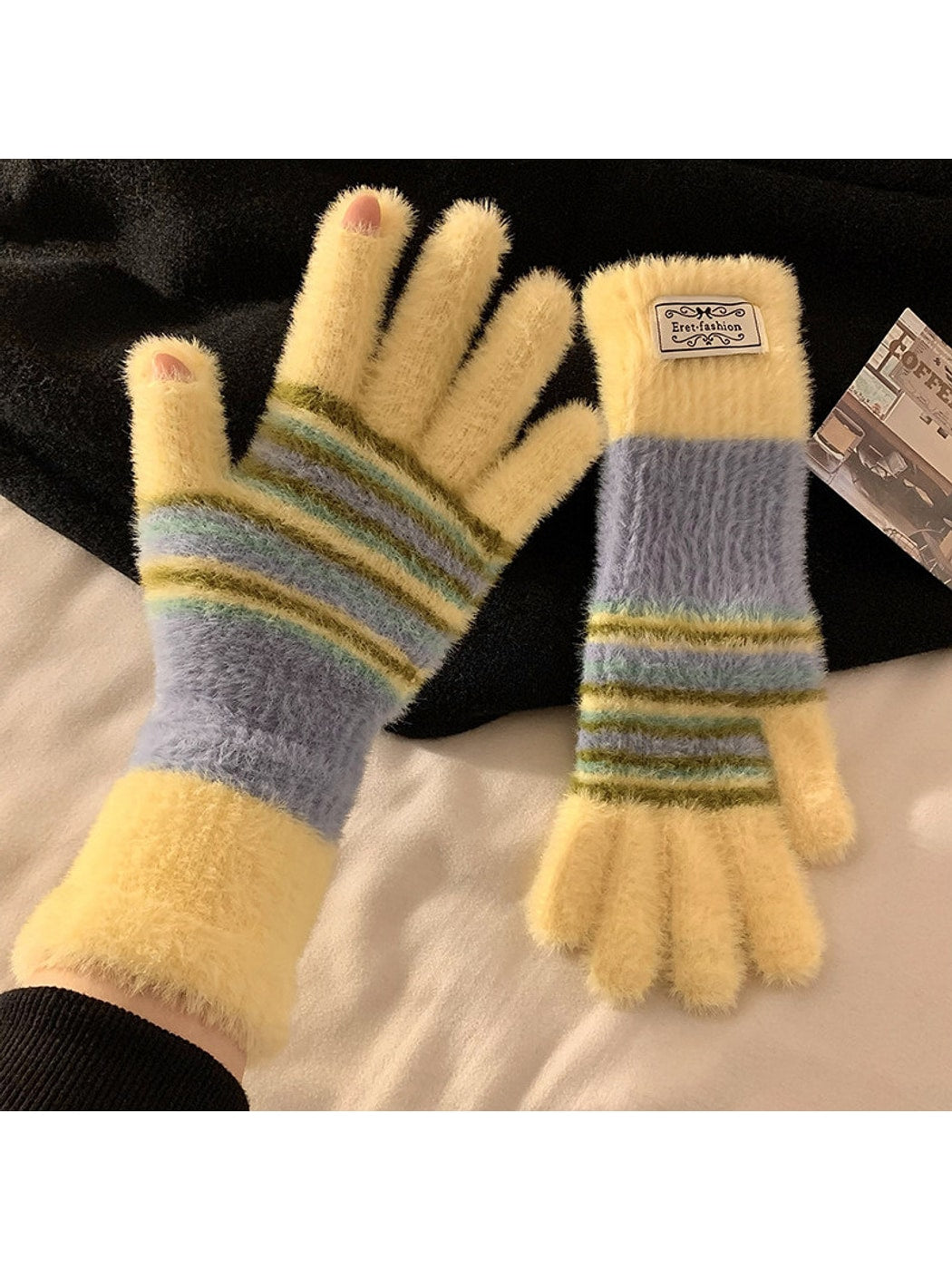 Gloving - Plush Stripe Finger-Opening Winter Gloves