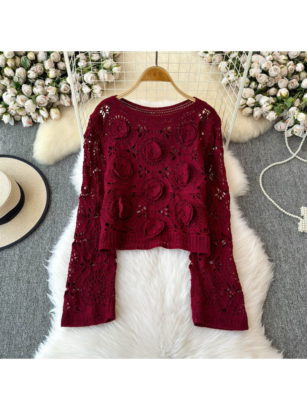 Crosa - Floral Hollow Out Round Neck Pullover