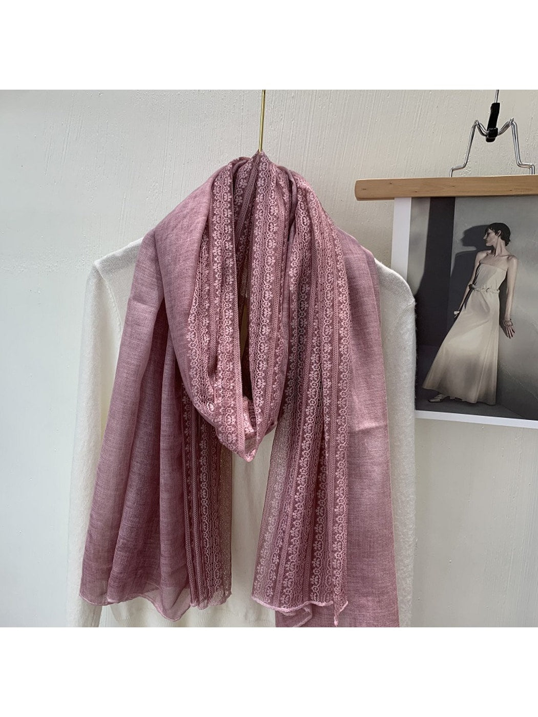 Scarvii - Lace Trim Solid Color Long Fashion Scarf