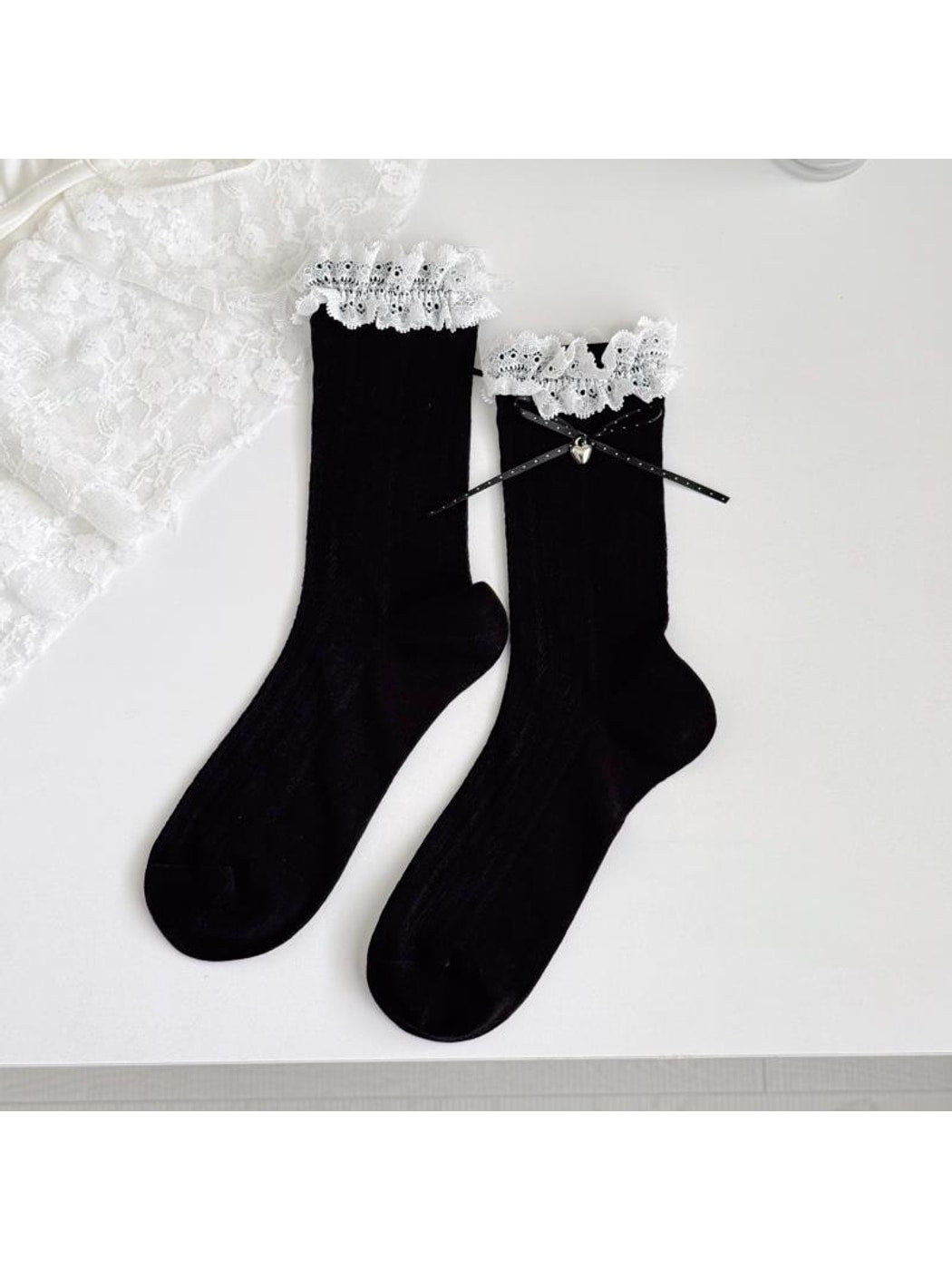 Rufia - Lace Ruffles Trim Bow Detail Crew Socks