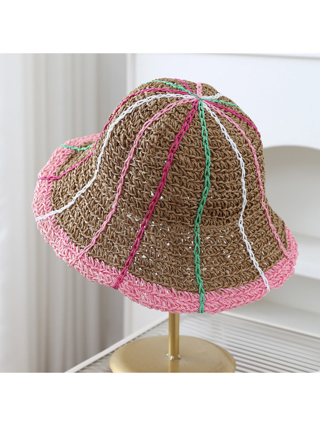 Top view of Haila Color Stitch Woven Bucket Hat displaying the circular woven pattern and colorful stitches