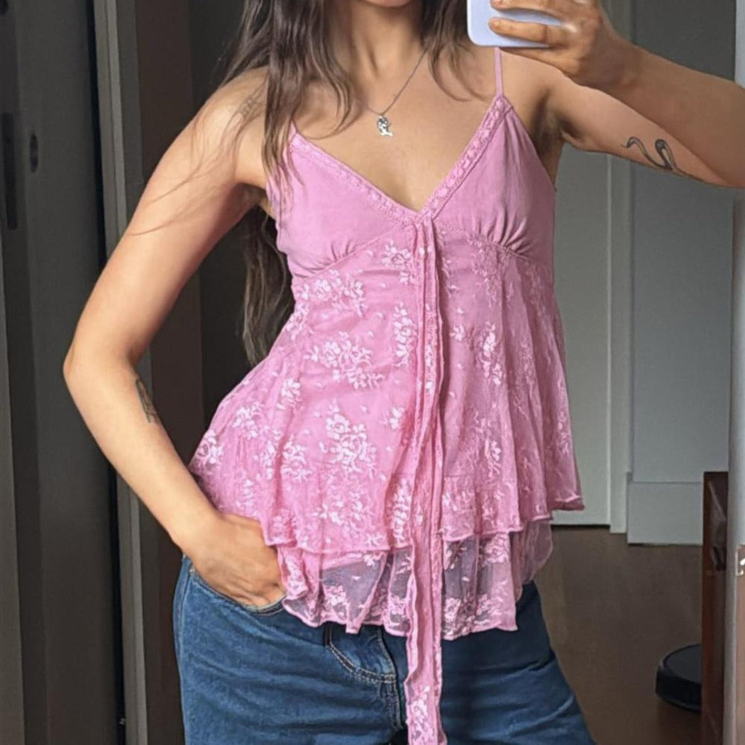 Vesty - Pink Lace Tie-Front Cami Small - Sexy & Slimming
