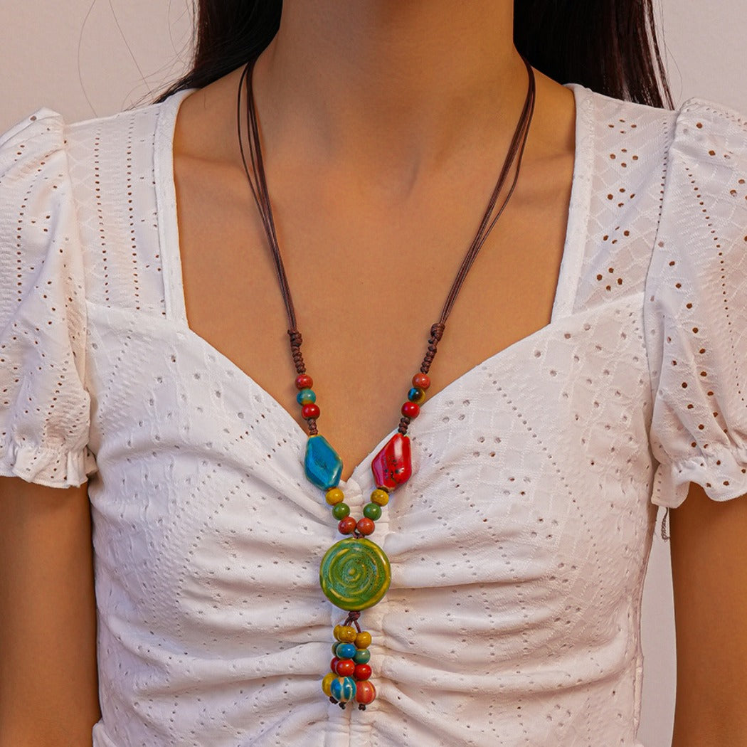 Bauai - Boho Ceramic Bead Fringe Long Necklace - Vintage & Unique