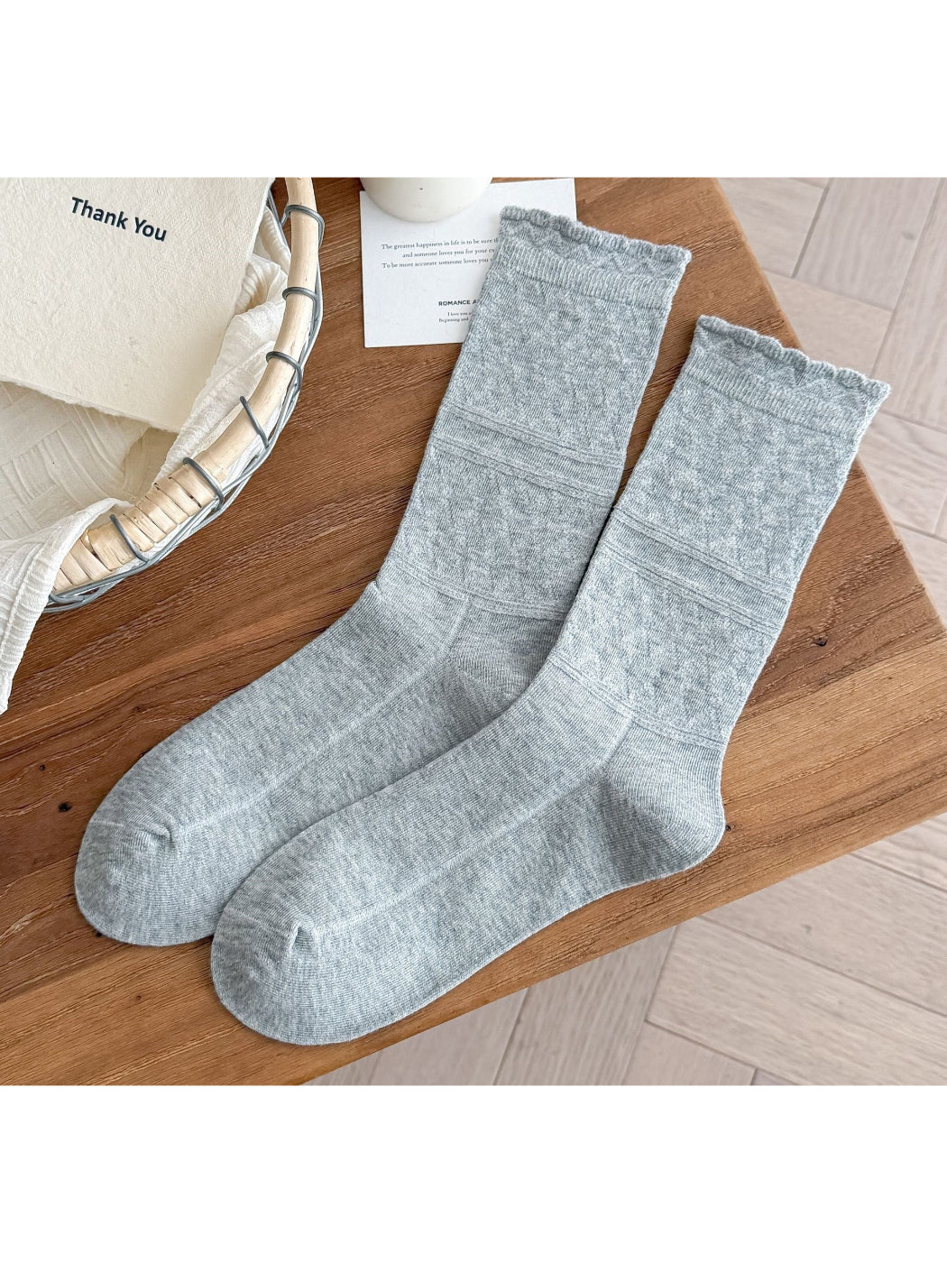 Rufia soft scallop knit socks in muted green color shown from top view