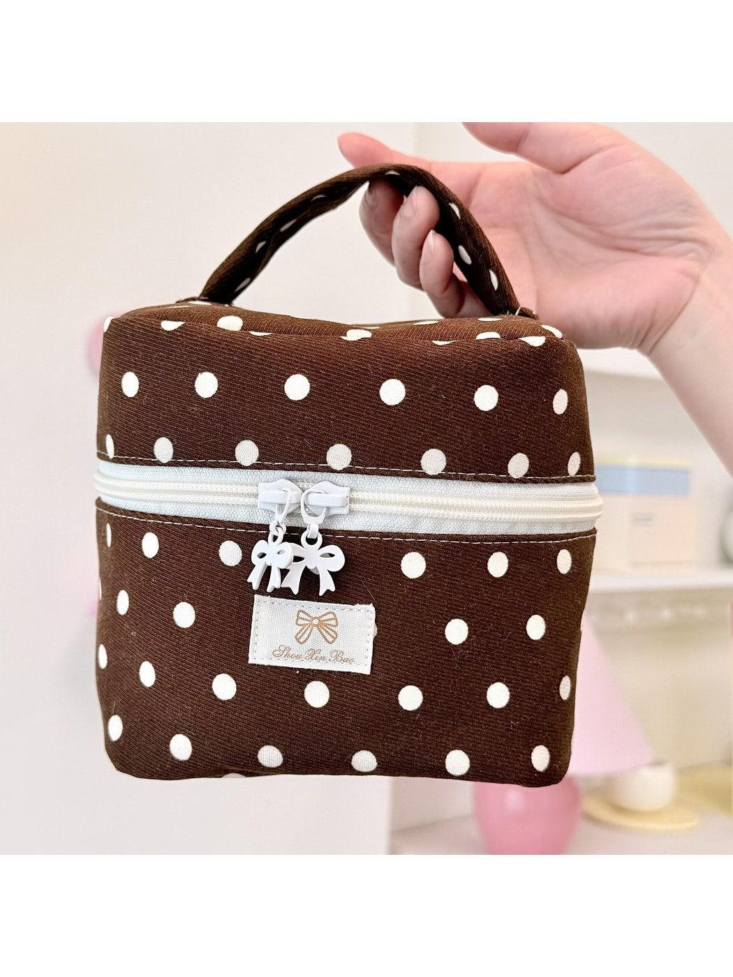 Cosbai - Cute Polka Dot Zipper Cosmetic Organizer Bag