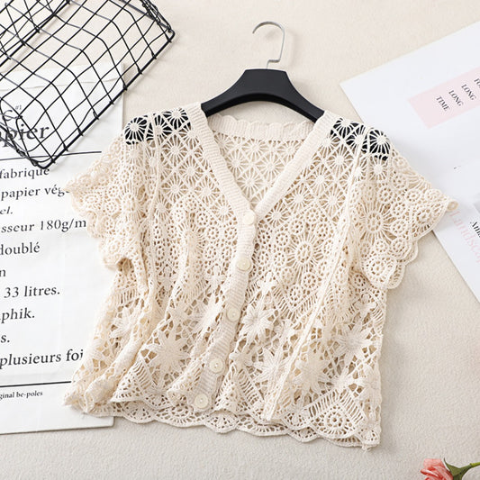 Crosa Crochet Hollow-Out Short-Sleeve Cardigan alternate product view