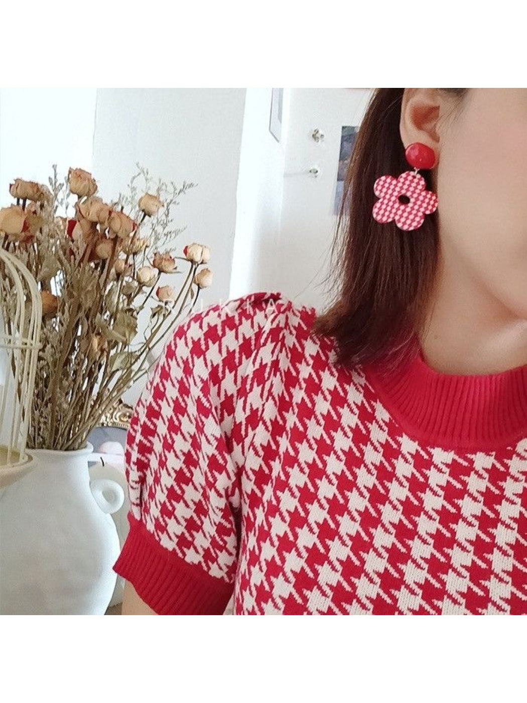 Earwish - Checkerboard Flower Drop Earrings