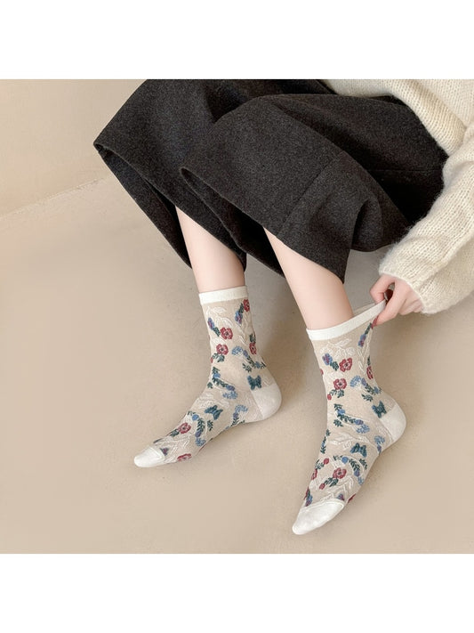 Rufia - Retro Flower Pattern Women's Crew Socks