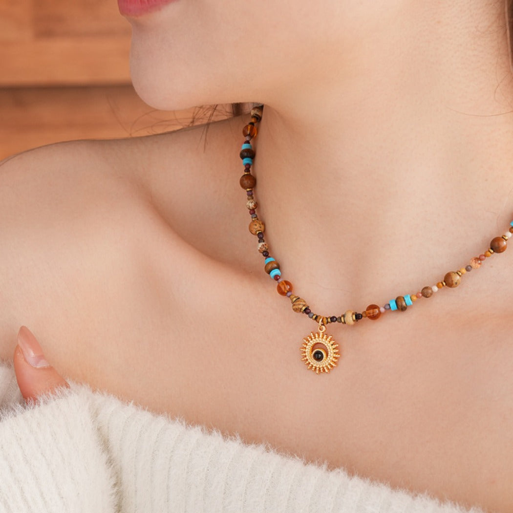 Bauai - Vintage Sun Pendant Beaded Necklace - Boho & Unique