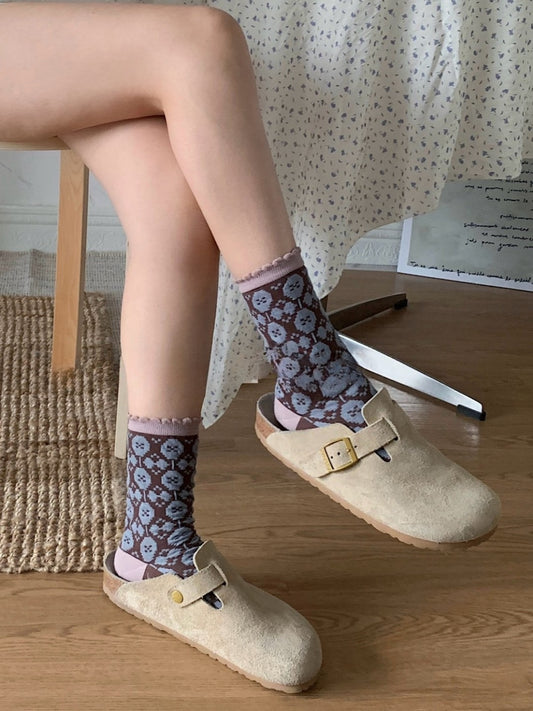 Rufia - Retro Mid-Calf Socks with Embossed Flowers