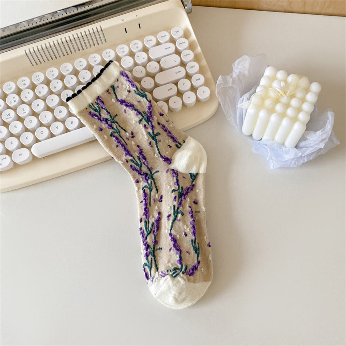 Rufia - Embossed Lavender Floral Mid-Calf Socks