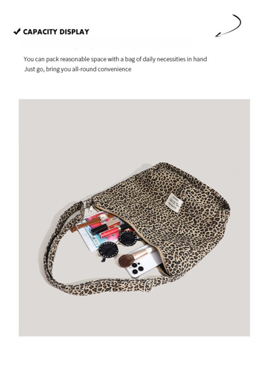 Cosbai - Large Capacity Single-shoulder Canvas Bag with Leopard Print