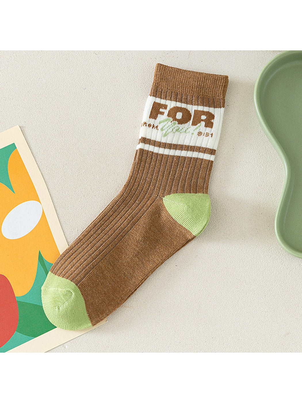 Rufia - Retro Brown Green Striped Crew Socks
