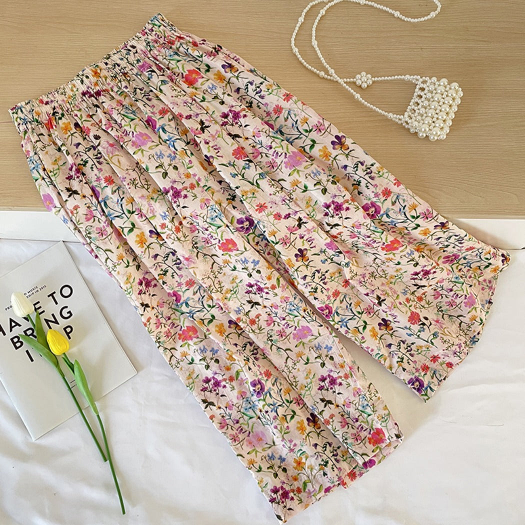 Shea - Floral Wide-Leg Long Pants - Loose & Cheerful