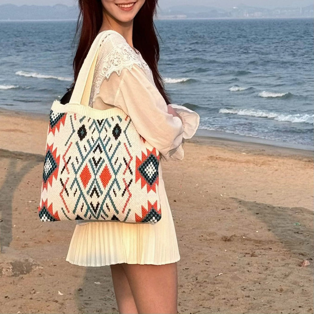 Cosbai - Boho Chic Geometric Shoulder Bag - Beige / Black