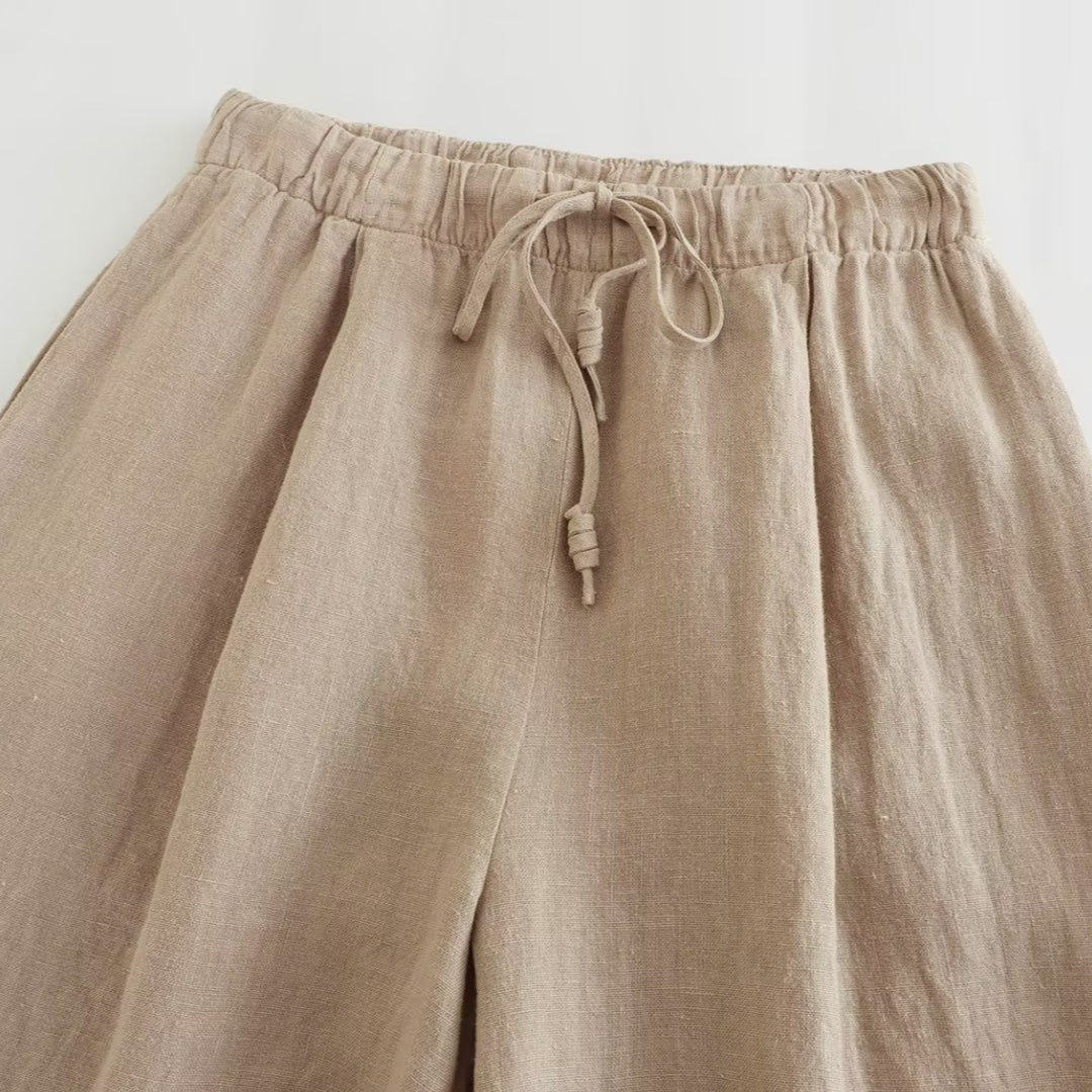 Vesty - Linen Cross-Neck Two-Piece Set (Top + Pants)