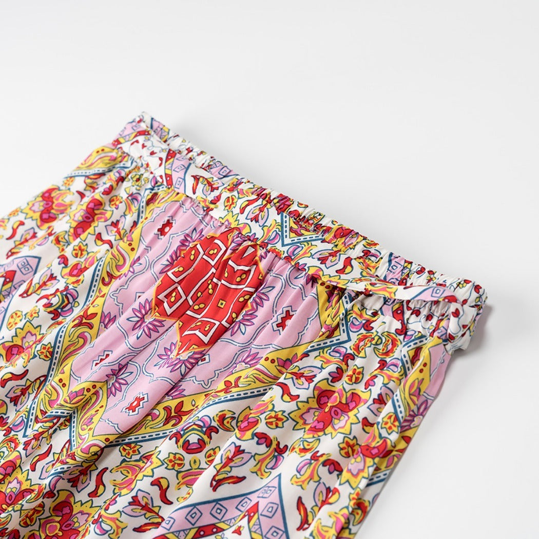 Troposa - Boho Print Top And Pants Set - Colorful & Chic