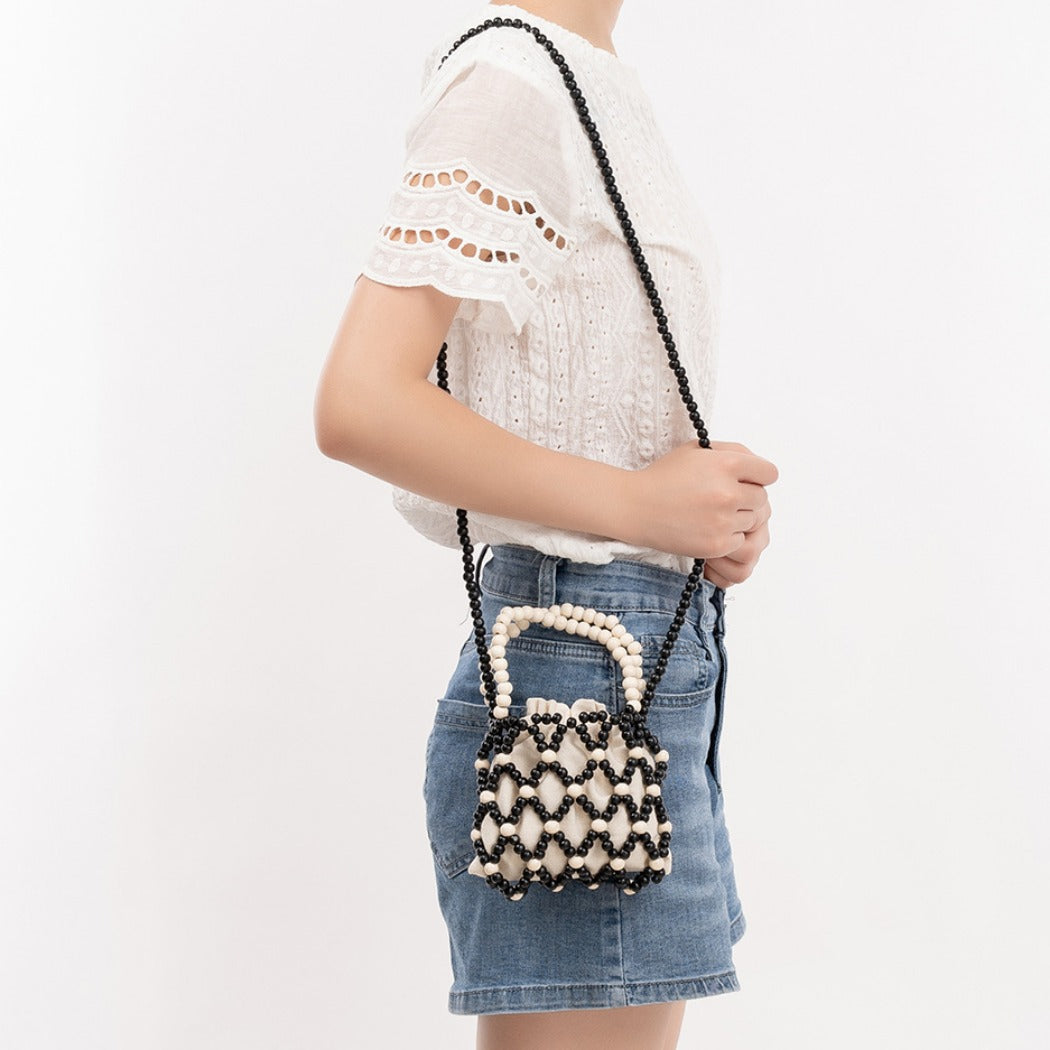Cosbai - Color-Blocked Wooden Bead Crossbody Bag