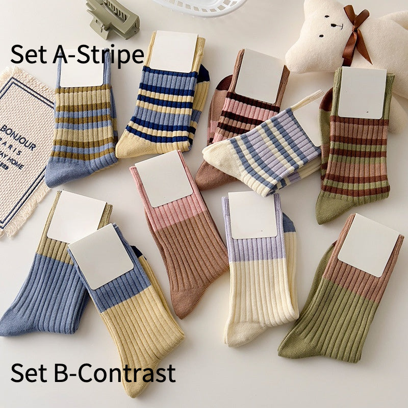 Rufia - 5 Pairs Contrast Stripe Socks