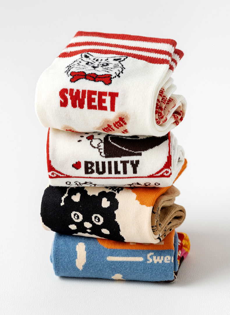 Stack of Rufia socks featuring various vintage painting prints in vibrant colors