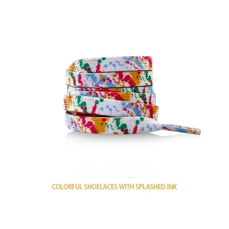 Shoeya Splash flat shoelaces in capsule packaging with bright multicolor paint splatter