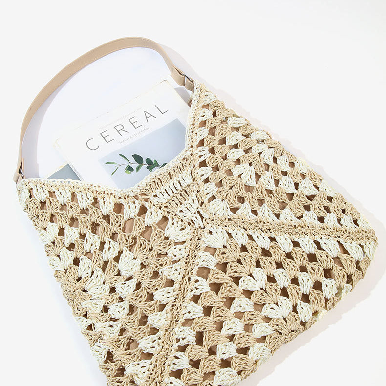 Paper Rope Woven Beach Bag with Block Design
