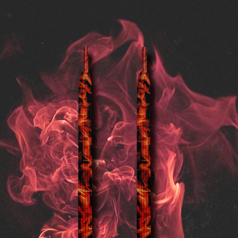 Detailed shot of the flame design on Shoeya flat shoelaces with metal aglets