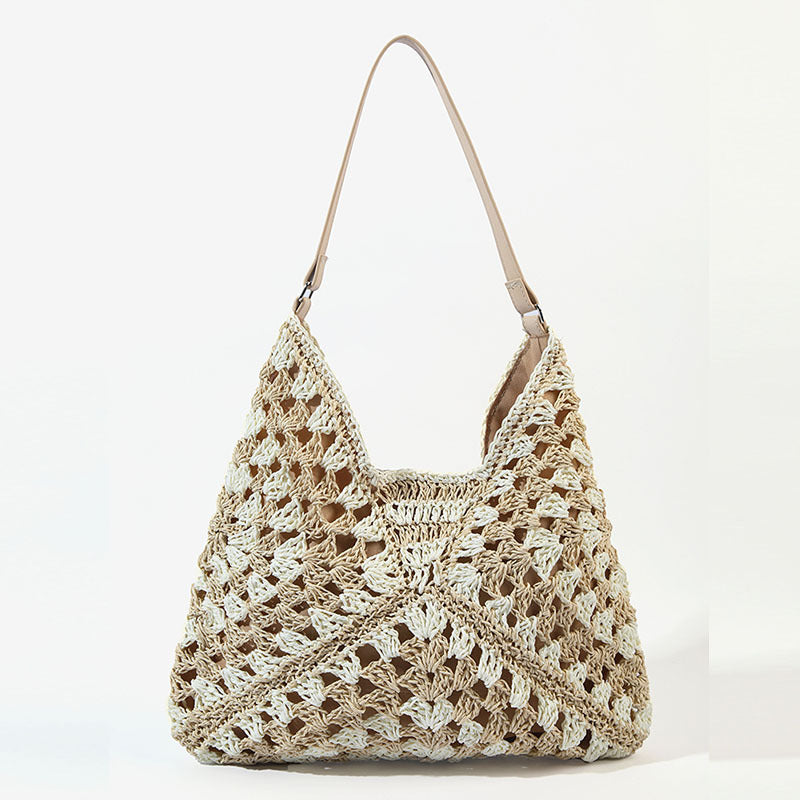 Paper Rope Woven Beach Bag with Block Design