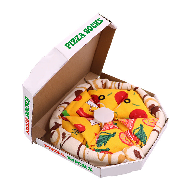 Socks displayed on a wooden surface highlighting the pizza designs