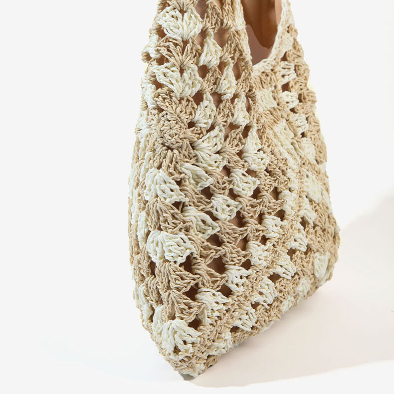 Paper Rope Woven Beach Bag with Block Design