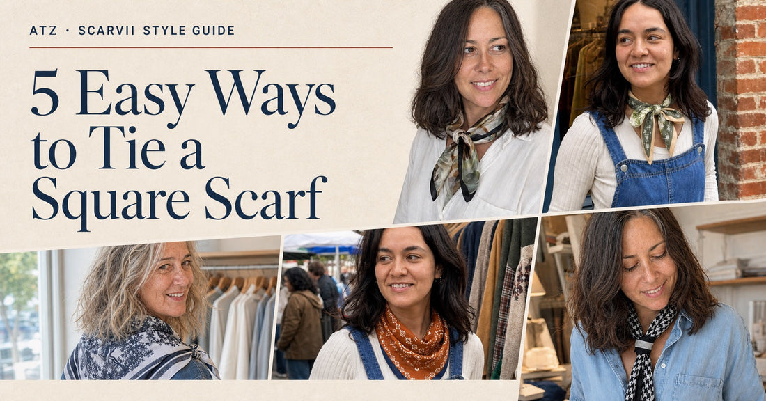 ATZ square scarf style guide featuring five easy tying looks