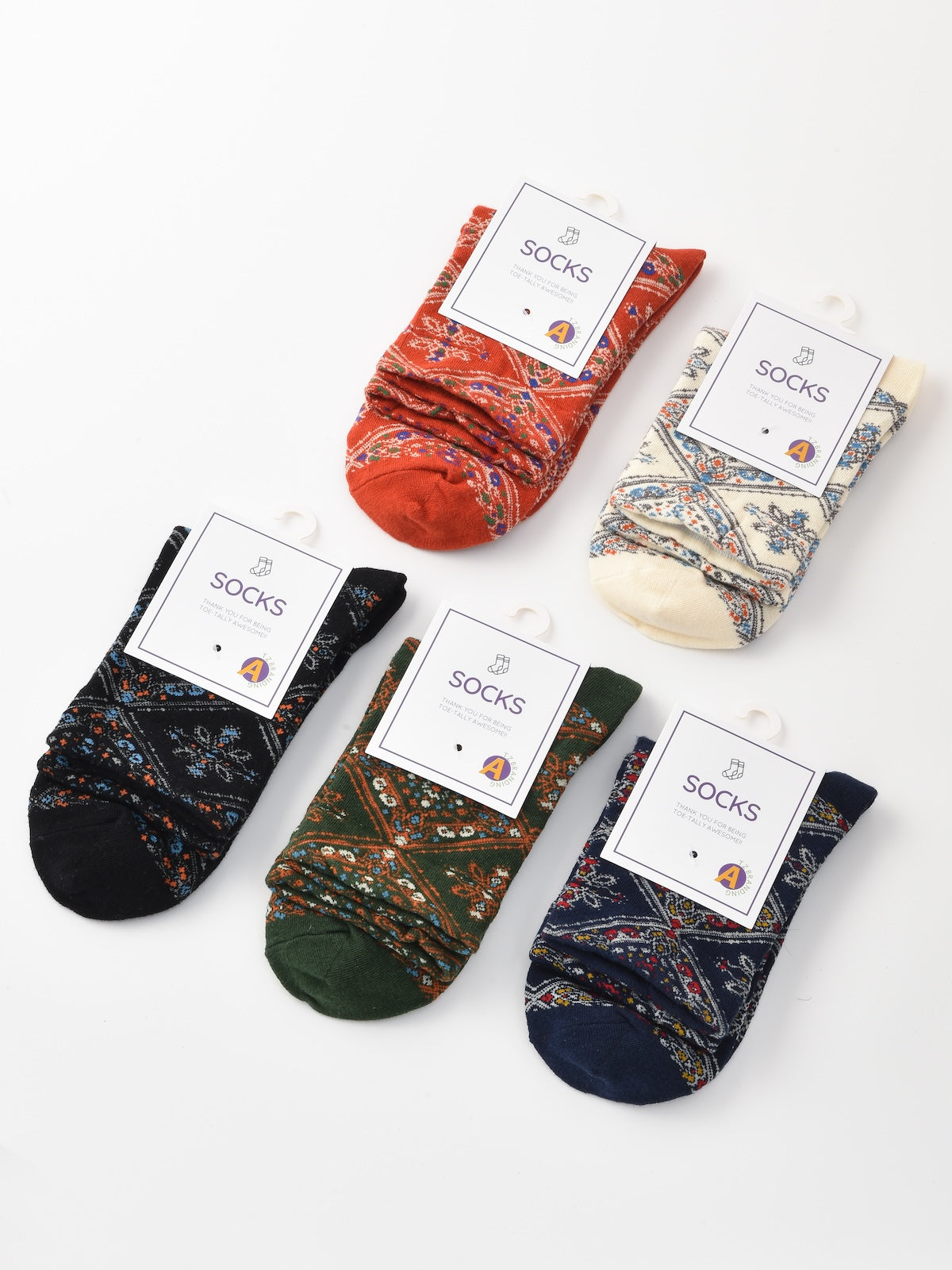 Rufia - Retro Mid-calf Socks with Diamond Floral Patterns