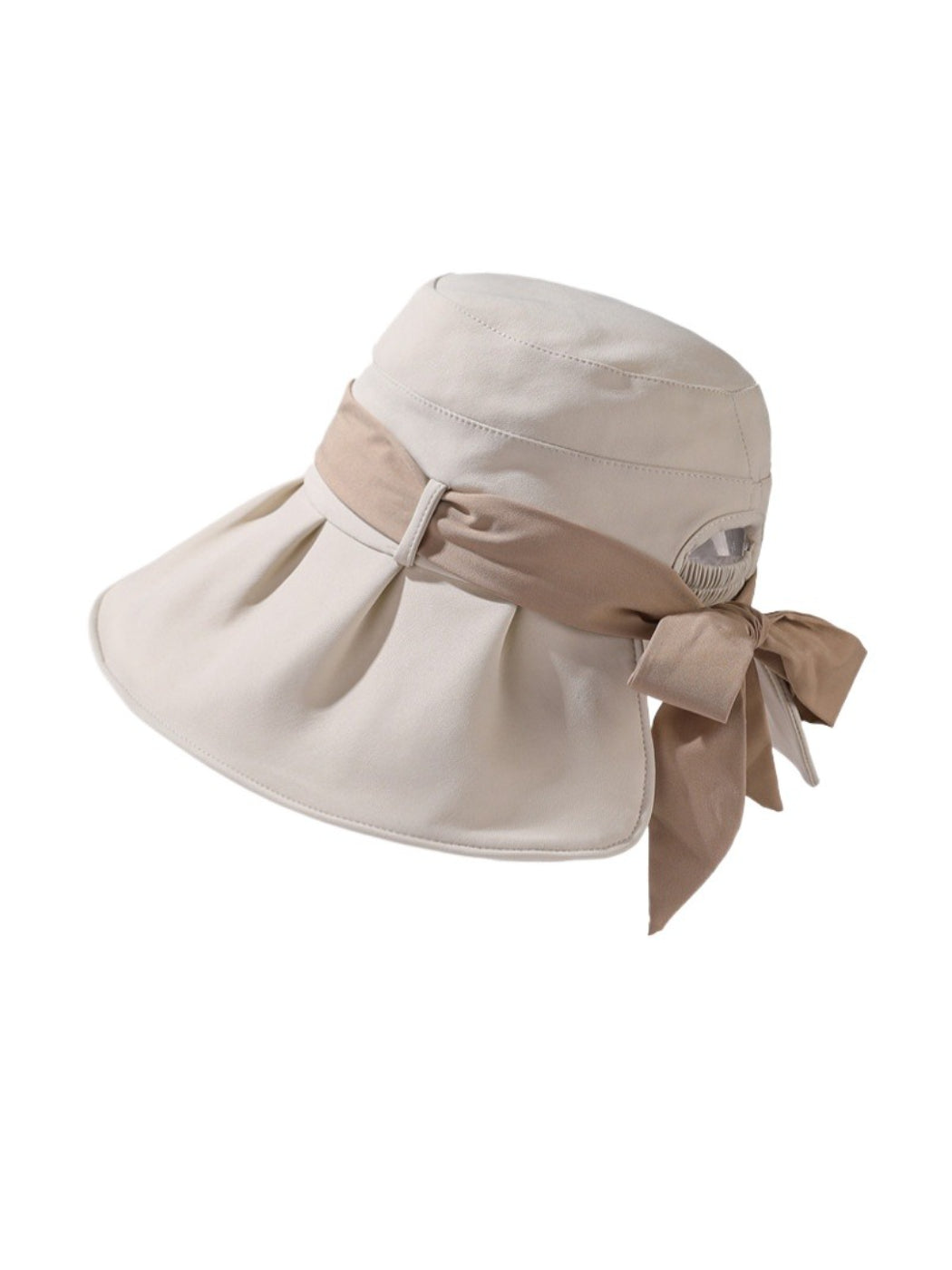 Back view of Haila hat highlighting large bow and pleated brim