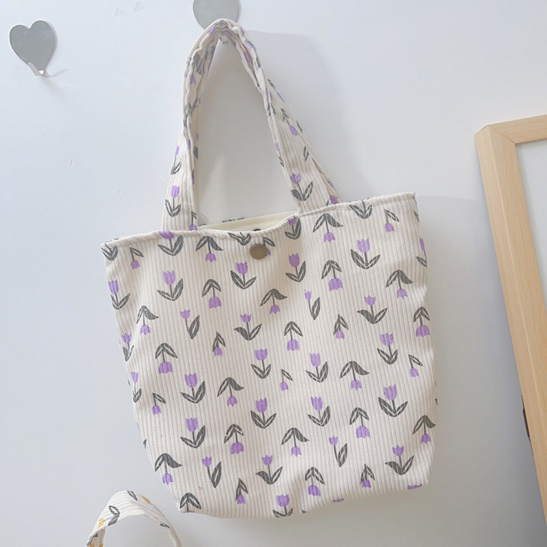 Cosbai - Corduroy Tulip Print Small Tote Bag