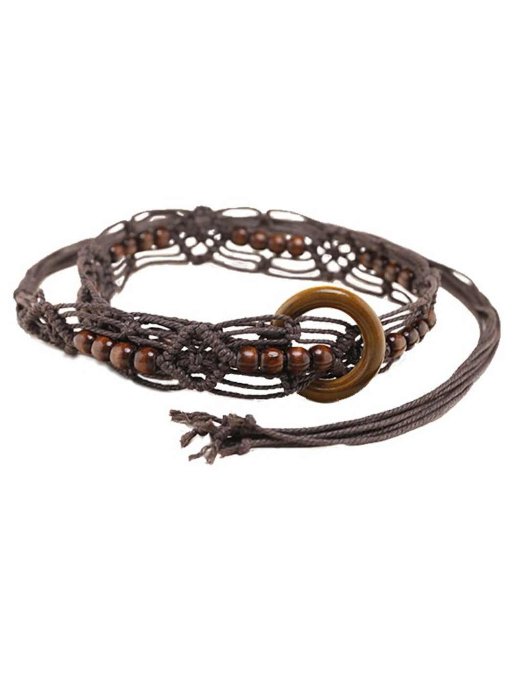 Side view of Beco Boho braided rope waist belt tied in a knot with wooden bead ends