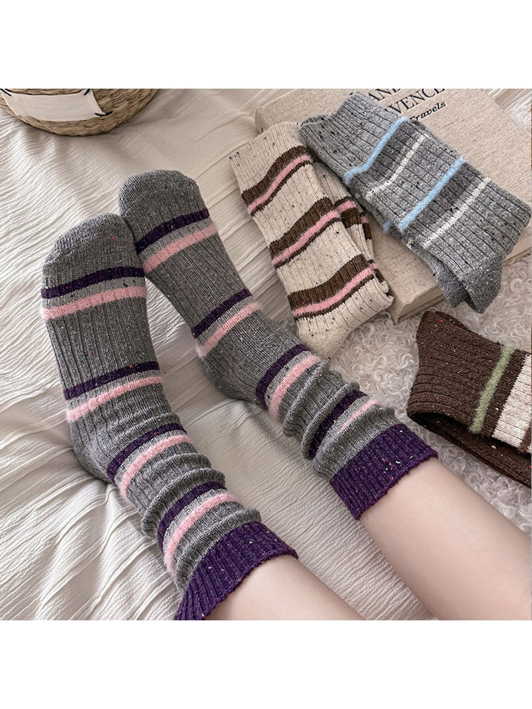 Rufia - Striped Ribbed Casual Everyday Crew Socks