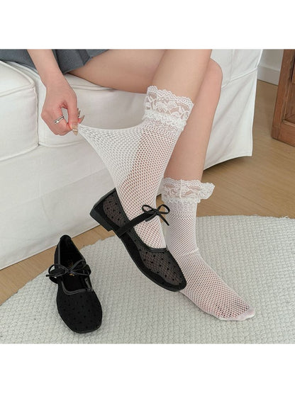 Rufia - Decorative Lace Edge Sheer Mesh Mid-calf Socks