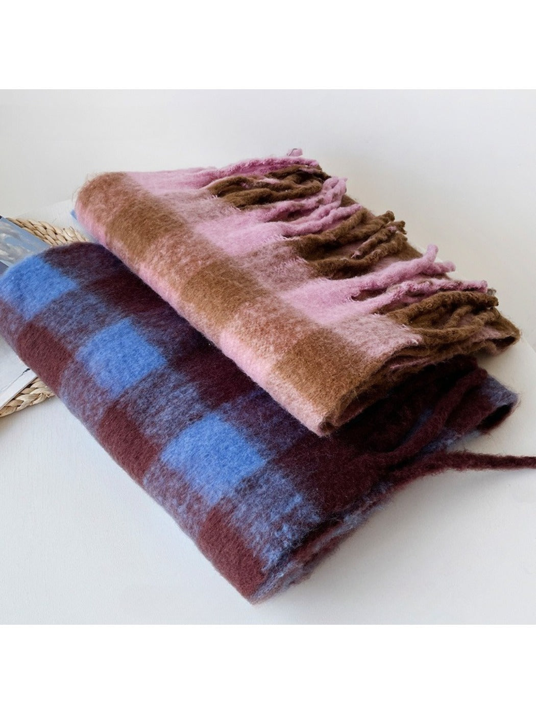 Scarvii - Two Tones Plaid Fringe Tassel Scarf