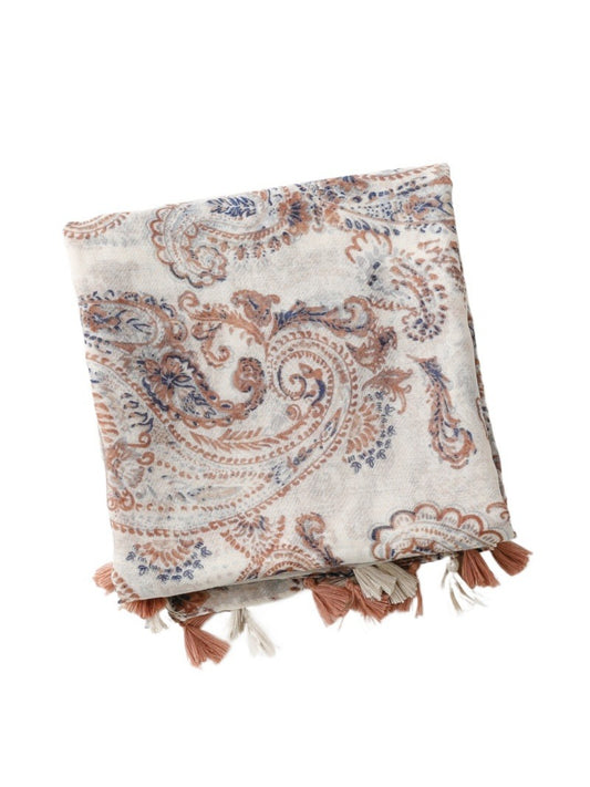 Close-up of colorful paisley pattern and tassel details on Scarvii shawl