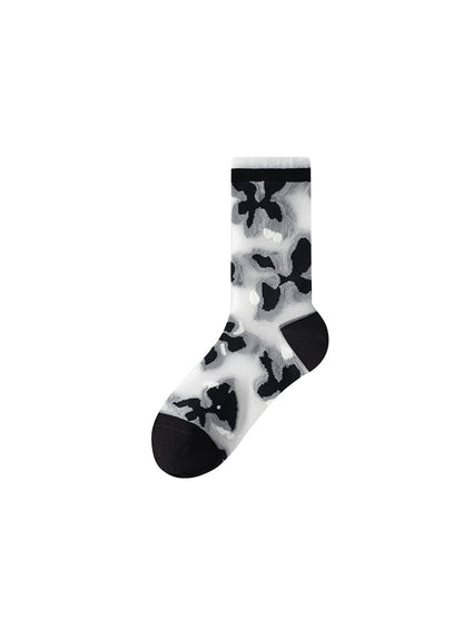 Rufia - Black and White Tones Floral Pattern Crew Socks
