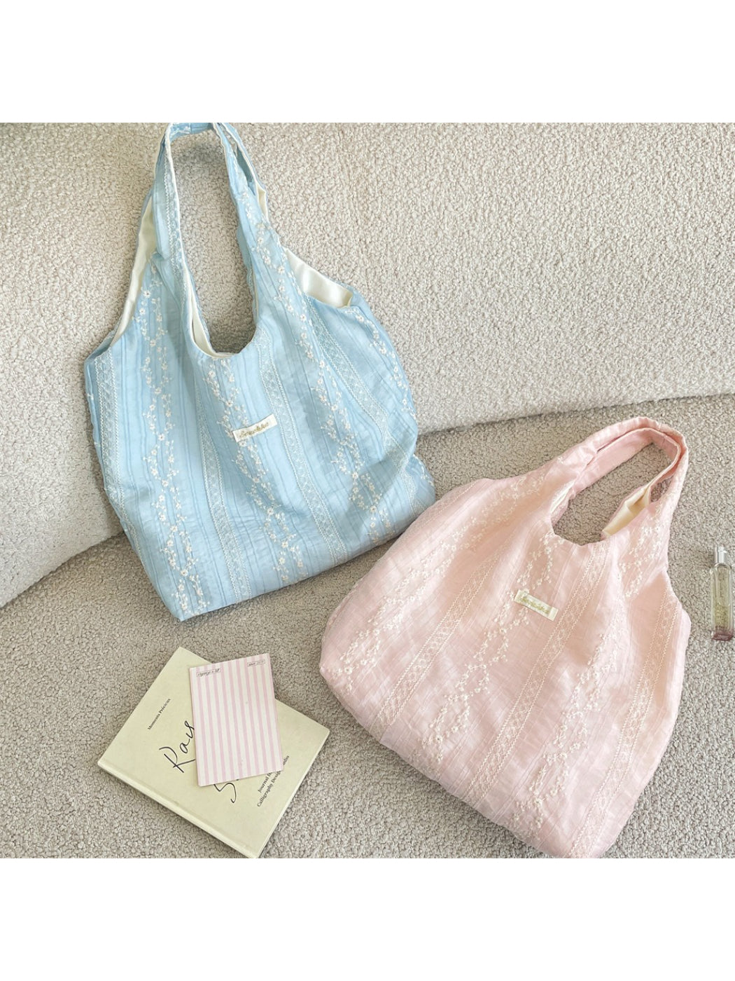 Cosbai Soft Stripe Floral Shoulder Bag shown with strap extended