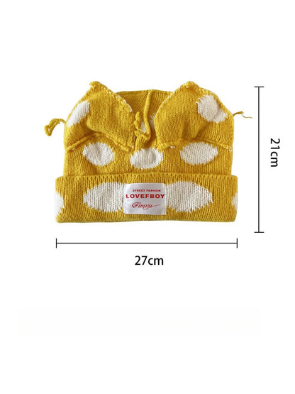 Haila Polka Dots Cat-Ear Knitted Beanie color options including Yellow, Red, Black