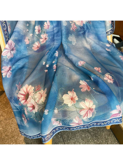 Scarvii - Dreamy Blue Floral Print Fashion Square Scarf