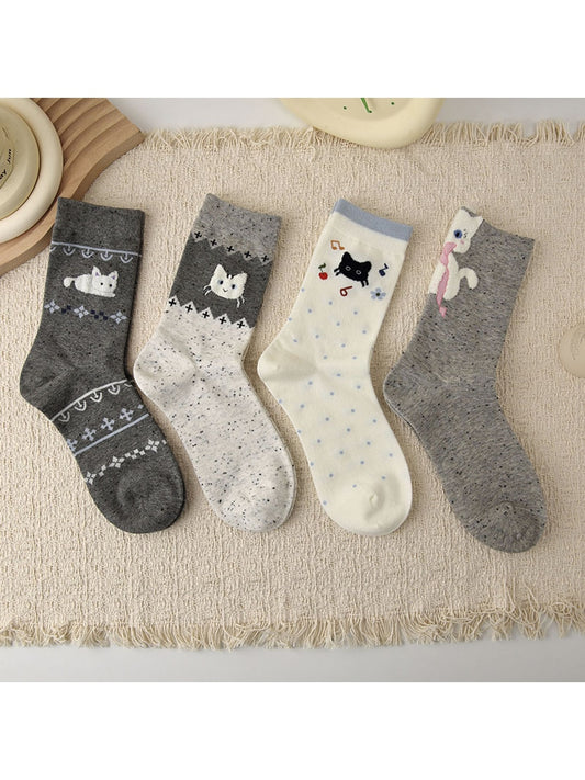 Rufia - Playful Cat Pattern Casual Crew Socks