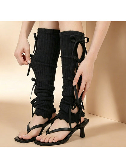 Cozyra - Ribbon Tie Striped Knit Leg Warmers