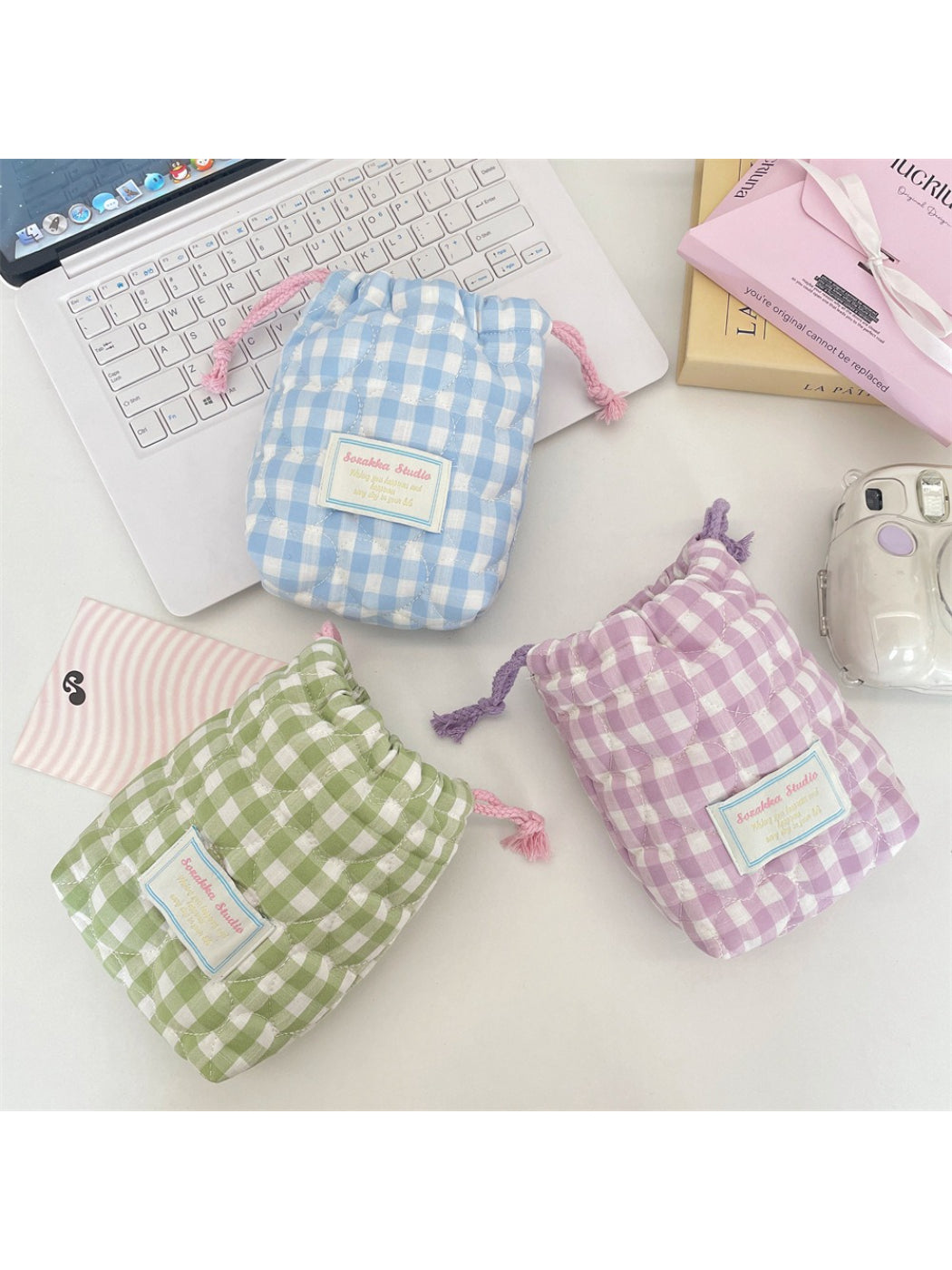 Cosbai - Gingham Padded Drawstring Pouch Bag