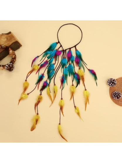 Close-up of Hairish boho feather hair accessory featuring bright, multicolored feathers